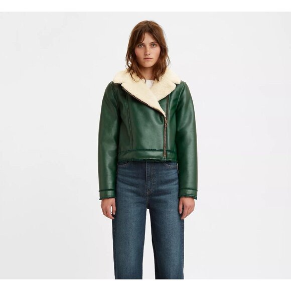 Levi’s Women’s Green Vegan Leather Sherpa Crop Moto Jacket Size Large. - Picture 3 of 16
